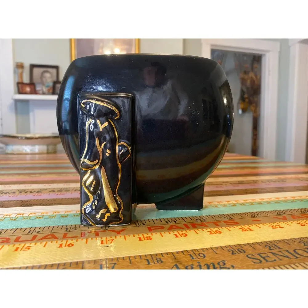 Vintage FAPCO 1930 Joan Lea Creations Shanghai Black 22K Gold Disk Asian Vase
